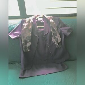 Purple Short Sleeve Blazer and Skirt Set with Scarf